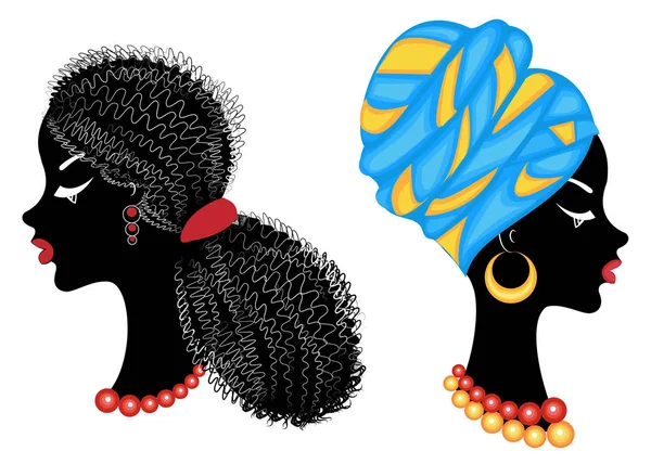 Colección.Perfil de la cabeza de la dulce dama. Chica afroamericana con un hermoso peinado. La señora lleva un turbante, un casco nacional. Conjunto de ilustraciones vectoriales — Vector de stock