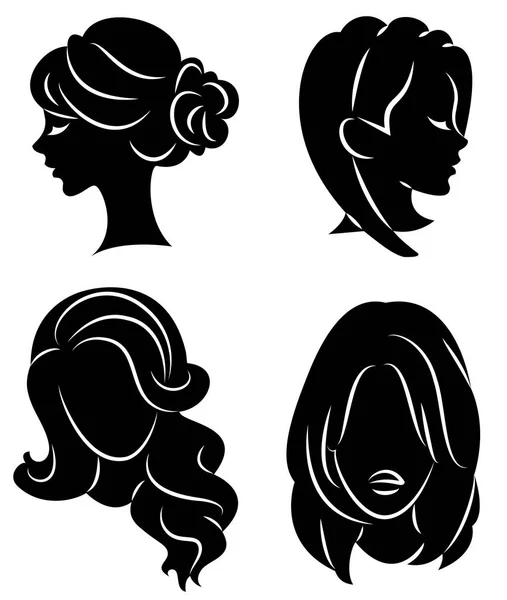 コレクション。かわいい女性の頭のシルエット。女の子は長くて中髪に彼女の髪型を示しています。ロゴ、広告に適しています。ベクトルイラストのセット — ストックベクタ
