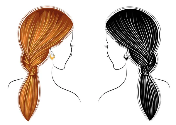 Tranças longas cabelo marrom criativo, isolado no fundo branco. Penteados de uma mulher. Conjunto de ilustrações vetoriais —  Vetores de Stock