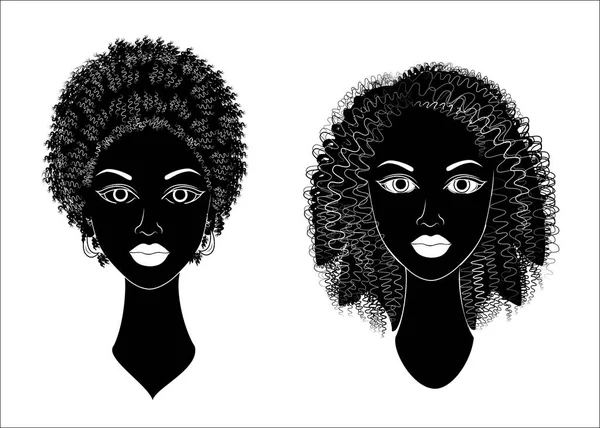 Colección. Perfil de una cabeza de damas dulces. Las chicas afroamericanas muestran peinados para cabellos largos y medianos. Las siluetas de las mujeres son hermosas y elegantes. Juego de ilustración vectorial — Archivo Imágenes Vectoriales