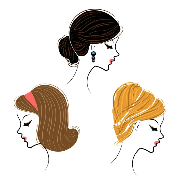 Długie warkocze kreatywne brązowe włosy, izolowane na białym tle. Fryzury kobiety. Zestaw ilustracji wektorowych — Wektor stockowy