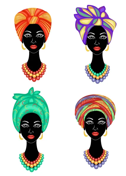 Koleksiyon. Tatlı bir bayanın kafasının silueti. Parlak bir şal, bir türban Bir Afrikalı-Amerikalı kızın kafasına bağlı. Kadın güzel ve şık. Vektör çizimleri kümesi