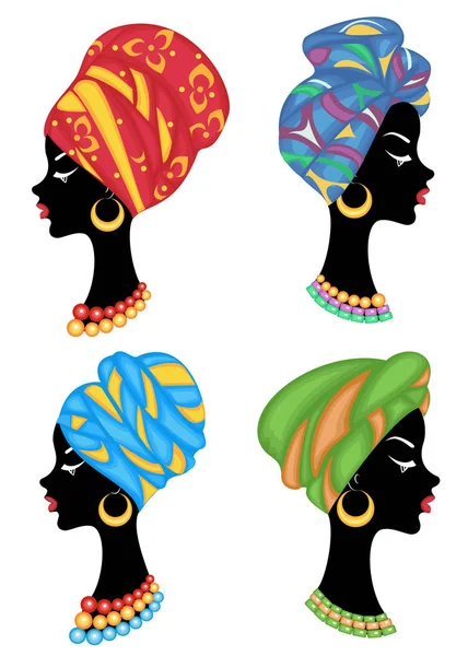Sammlung. Profil einer süßen Dame. Auf dem Kopf eines afrikanisch-amerikanischen Mädchens liegt ein gestrickter Schal, ein Turban. die Frau ist schön und stilvoll. Vektor Illustration Set — Stockvektor