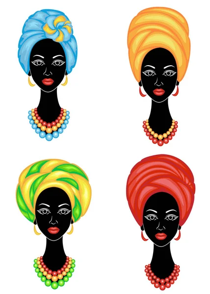 Koleksiyon. Tatlı bir bayanın kafasının silueti. Parlak bir şal, bir türban Bir Afrikalı-Amerikalı kızın kafasına bağlı. Kadın güzel ve şık. Vektör çizimleri kümesi