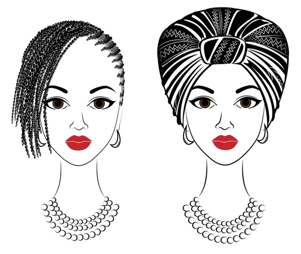 Collection.Profil de la tête de la douce dame. Afro-Américaine avec une belle coiffure. La dame porte un turban, une coiffe nationale. Ensemble d'illustrations vectorielles — Image vectorielle