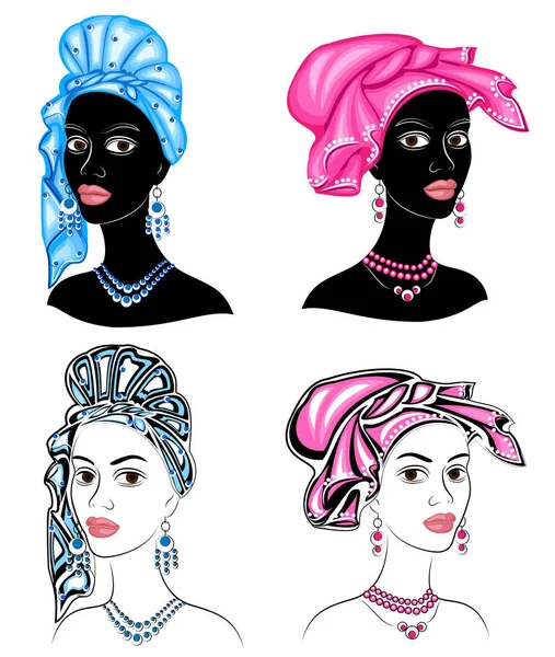 Colección. La silueta de la cabeza de la dama dulce. Un chal brillante, un turbante, atado a la cabeza de una chica afroamericana. La mujer es hermosa y elegante. Conjunto de ilustraciones vectoriales — Vector de stock