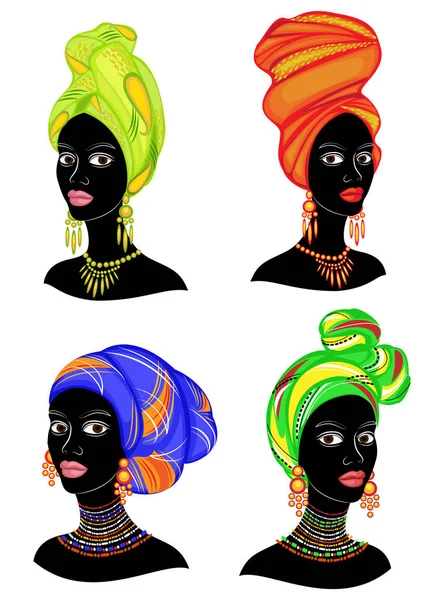 Sammlung. Silhouette eines Kopfes einer süßen Dame. ein heller Schal, ein Turban ist auf den Kopf eines afrikanisch-amerikanischen Mädchens gebunden. die Frau ist schön und stilvoll. Reihe von Vektorillustrationen — Stockvektor