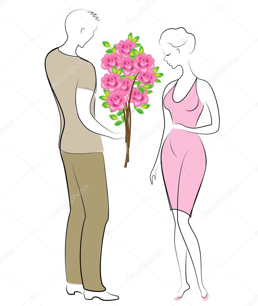 Romantic relationship of happy lovers. A young man and a girl on a date. The guy gives the lady a beautiful bouquet of flowers, scarlet roses. Vector illustration