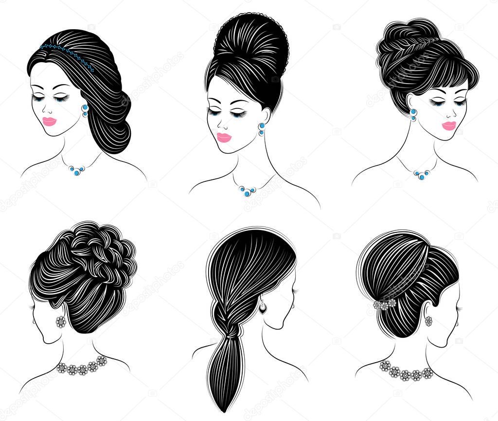 Long braids creative brown hair, isolated on white background. Hairstyles of a woman. Set of vector illustrations