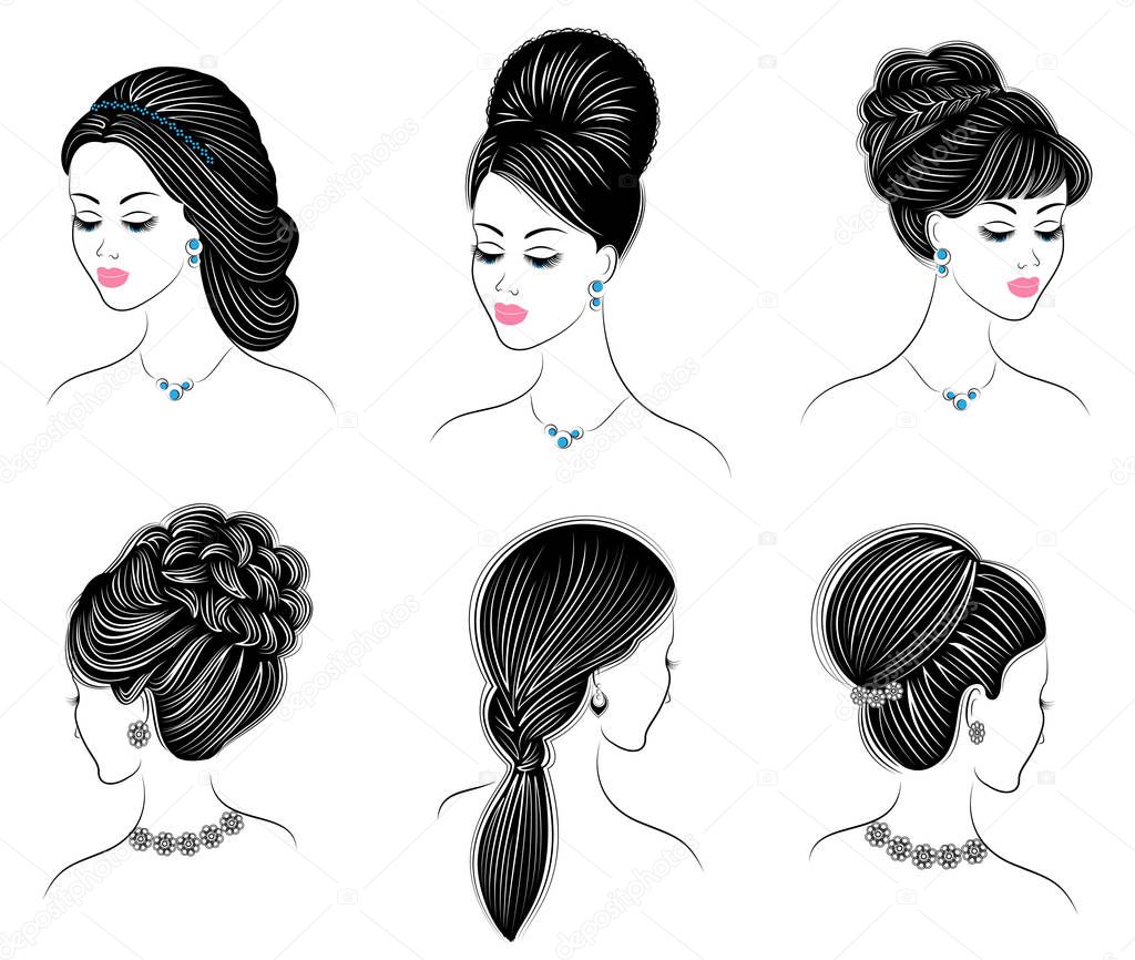 Long braids creative brown hair, isolated on white background. Hairstyles of a woman. Set of vector illustrations.