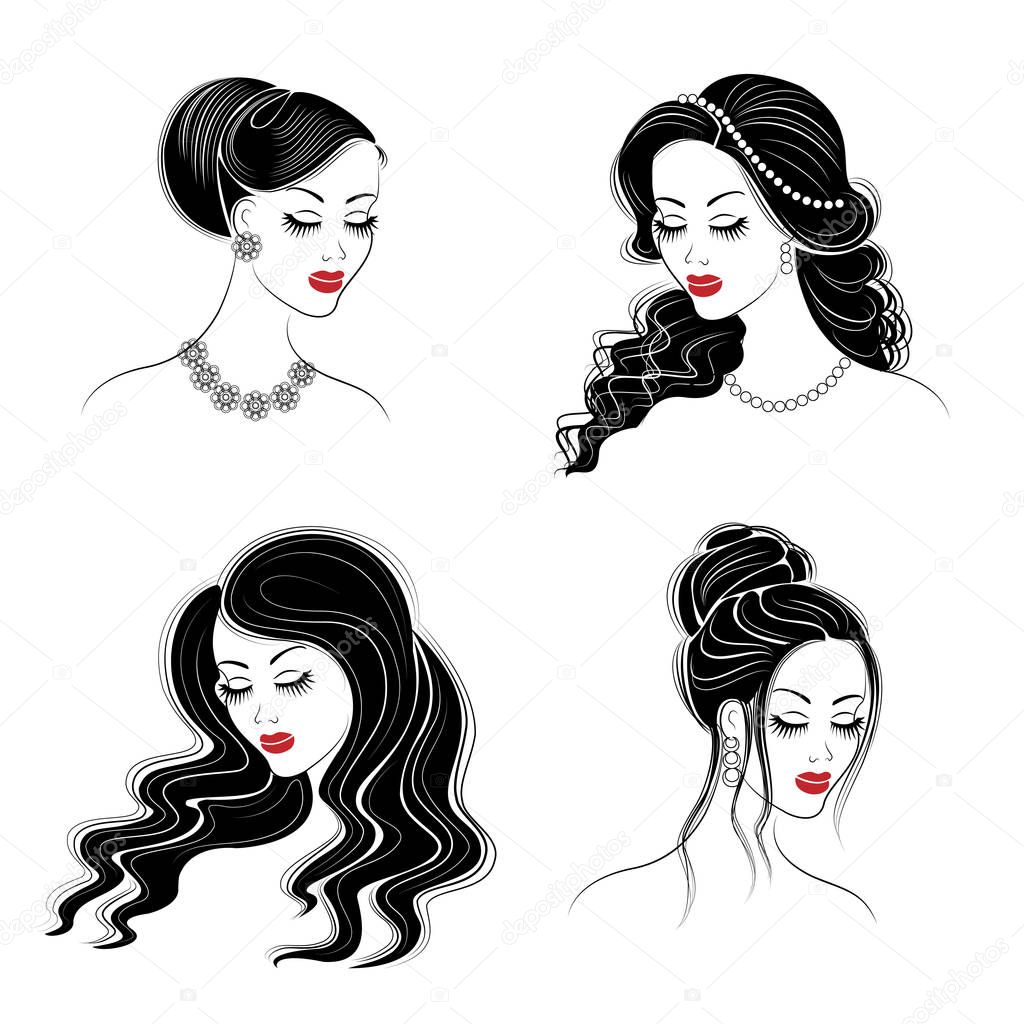 Collection. Silhouette of the head of a cute lady. The girl shows her hairstyle on long and medium hair. Suitable for logo, advertising. Set of vector illustrations.