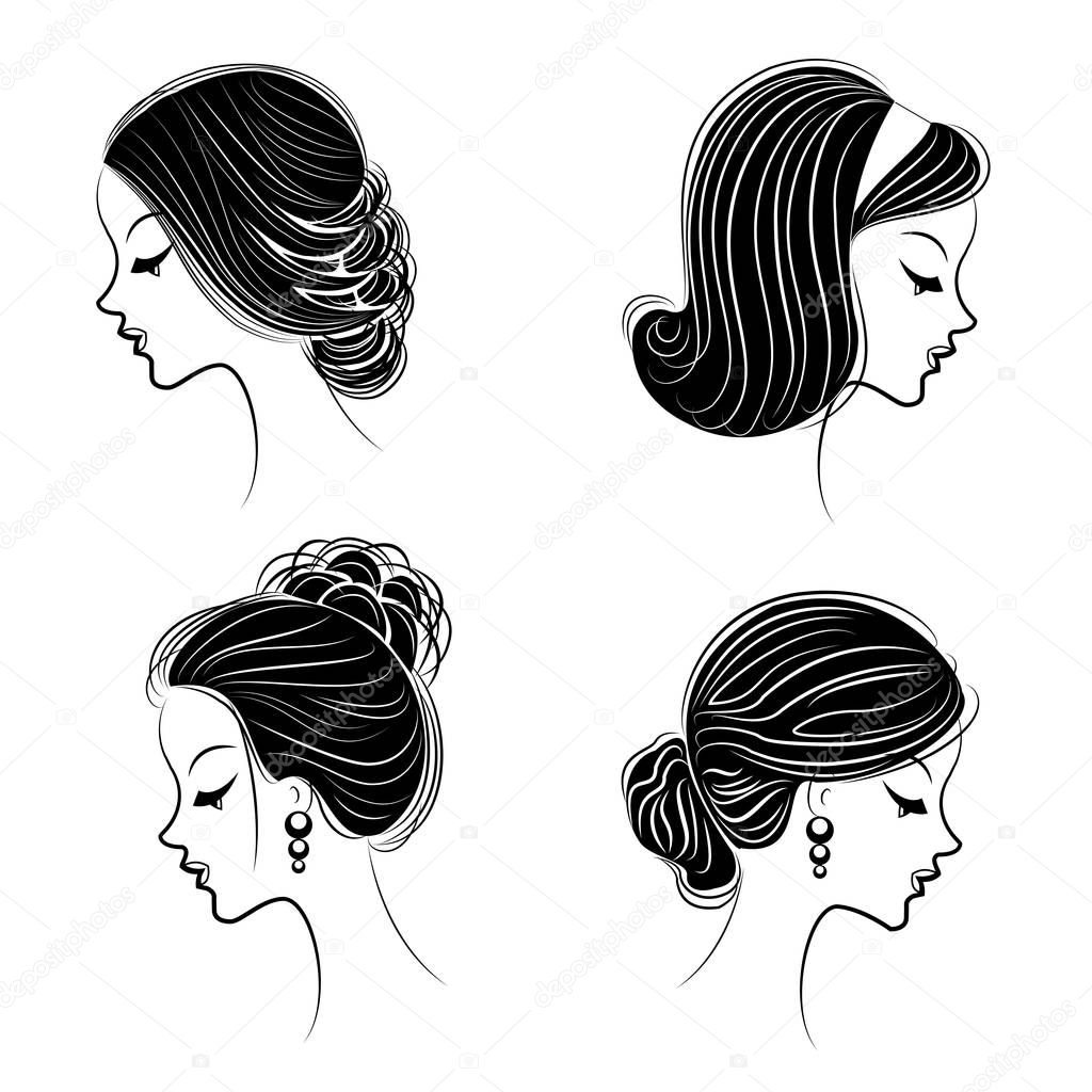 Collection. Silhouette profile of a cute lady s head. The girl shows her hairstyle for medium and long hair. Suitable for logo, advertising. Vector illustration set