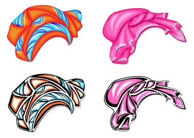 Koleksiyon. Kadın başlığı, türban. Parlak örme atkı. Kıyafetler güzel ve şık. Grafik görüntüsü. Vektör çizimleri kümesi