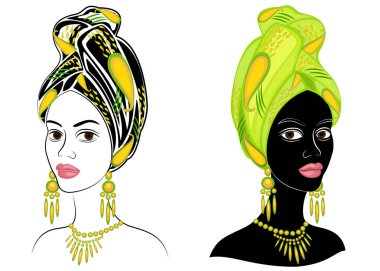 Koleksiyon. Tatlı bir bayanın kafasının silueti. Parlak bir şal, bir türban Bir Afrikalı-Amerikalı kızın kafasına bağlı. Kadın güzel ve şık. Vektör çizimleri kümesi