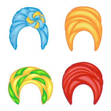 Koleksiyon. Kadın başlığı, türban. Parlak örme renk eşarp. Kıyafetler güzel ve şık. Vektör çizimleri kümesi