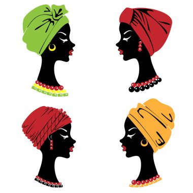 Koleksiyon. Tatlı bir bayanın kafasının silueti. Parlak bir şal, bir türban Bir Afrikalı-Amerikalı kızın kafasına bağlı. Kadın güzel ve şık. Vektör çizimleri kümesi