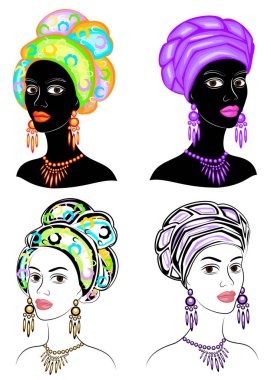 Koleksiyon. Tatlı bir bayanın kafasının silueti. Parlak bir şal, bir türban Bir Afrikalı-Amerikalı kızın kafasına bağlı. Kadın güzel ve şık. Vektör çizimleri kümesi