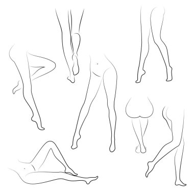 Koleksiyon. İnce güzel kadın ayakları siluetleri ile Resim. Bir kız ayakta, otururken, dezhit yaparken bacakların farklı duruşları. Vektör illüstrasyon seti