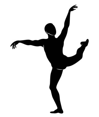 İnce bir adamın silueti, erkek bale dansçısı. Dansçı güzel bir ince rakam, güçlü bir vücut vardır. Vektör çizimi.