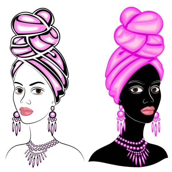 Colección. Cabeza de la dulce dama. En la cabeza de una chica afroamericana hay una bufanda brillante y turbante. La mujer es hermosa y elegante. Juego de ilustración vectorial . — Vector de stock