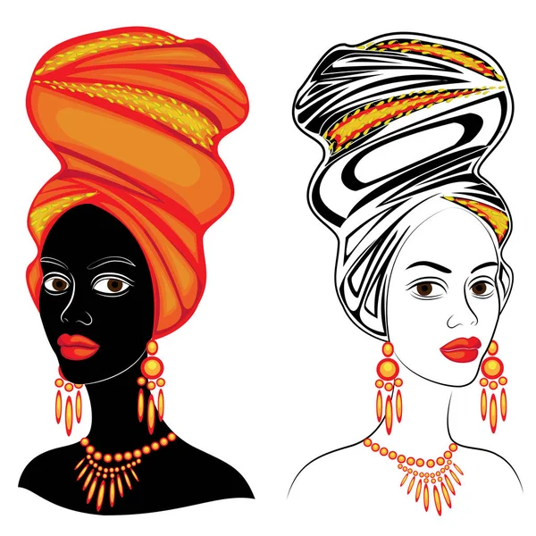 Collection. Head of the sweet lady. On the head of an African-American girl is a bright scarf and turban. The woman is beautiful and stylish. Vector illustration set. — Stock Vector
