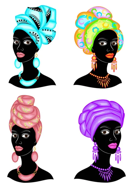 コレクション。甘い女性の頭のシルエット。明るいショール、ターバンは、アフリカ系アメリカ人の女の子の頭に結ばれています。女性は美しく、スタイリッシュです。ベクトルイラストのセット — ストックベクタ