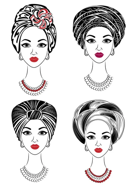 Colección. La silueta de la cabeza de la dama dulce. Un chal brillante, un turbante, atado a la cabeza de una chica afroamericana. La mujer es hermosa y elegante. Conjunto de ilustraciones vectoriales — Vector de stock