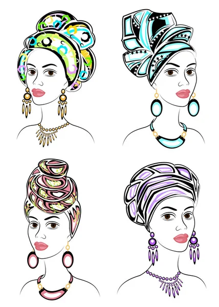 Colección. La silueta de la cabeza de la dama dulce. Un chal brillante, un turbante, atado a la cabeza de una chica afroamericana. La mujer es hermosa y elegante. Conjunto de ilustraciones vectoriales — Vector de stock