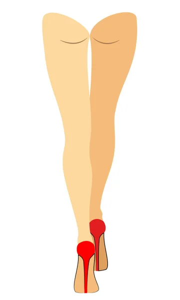 Figura silueta de una dama en bikini. Patas delgadas de una joven en zapatos rojos. La mujer está huyendo. Pies bien arreglados, hermosa piel sedosa. Ilustración vectorial — Vector de stock