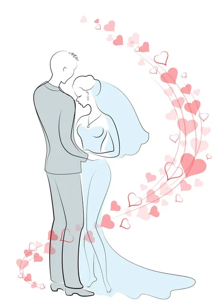 Matrimonio. Giovane sposa e sposa carina. Relazione felice e amore fidanzato e fidanzata. Sfondo di cuori rossi. Illustrazione vettoriale — Vettoriale Stock