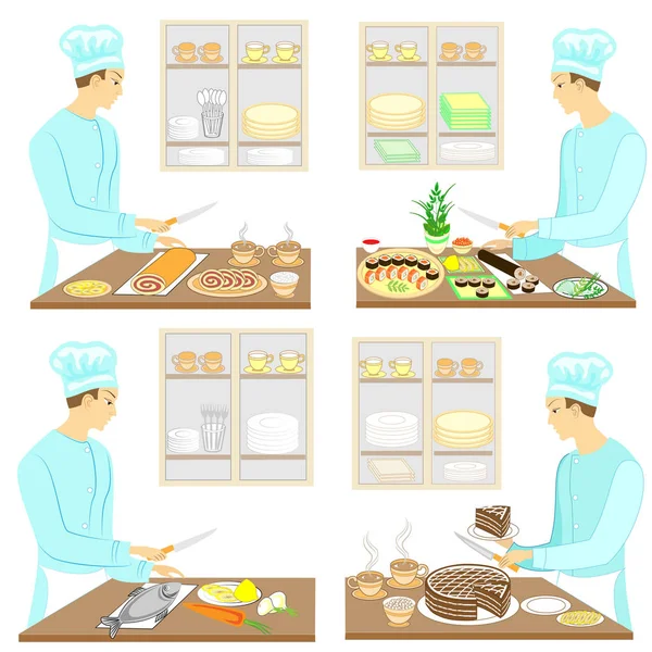 Coleção. Um jovem prepara comida, sushi, peixe, bolo, chá, café. O tipo é um cozinheiro profissional. Conjunto de ilustrações vetoriais — Vetor de Stock