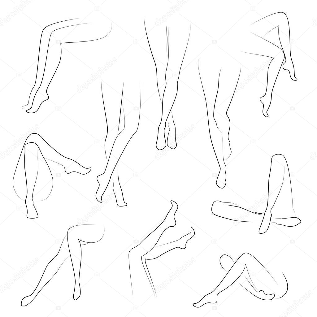 Collection. Picture with silhouettes of slender beautiful female feet. Different postures of legs when a girl is standing, sitting, dezhit. Vector illustration set