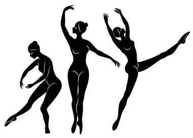 Koleksiyon. Sevimli bir bayan siluet, o bale dans ediyor. Kızın ince ve güzel bir figürü var. Kadın balerin. Vektör illüstrasyon seti