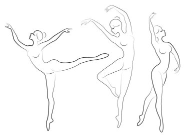 Koleksiyon. Sevimli bir bayan siluet, o bale dans ediyor. Kızın çok güzel ince bir figürü var. Kadın balerin. Vektör illüstrasyon seti.