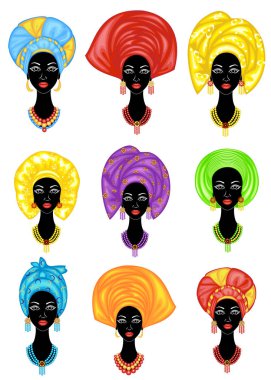 Koleksiyon.Profil tatlı bayan başkanı. Güzel bir saç modeli olan Afro-Amerikalı bir kız. Bayan türban takıyor, ulusal bir başlık. Vektör çizimleri kümesi
