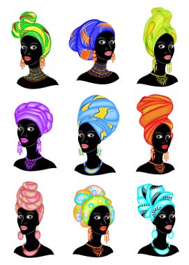 Koleksiyon. Tatlı bir bayanın kafasının silueti. Parlak bir şal, bir türban Bir Afrikalı-Amerikalı kızın kafasına bağlı. Kadın güzel ve şık. Vektör çizimleri kümesi