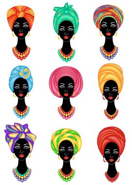 Koleksiyon. Tatlı bir bayanın kafasının silueti. Parlak bir şal, bir türban Bir Afrikalı-Amerikalı kızın kafasına bağlı. Kadın güzel ve şık. Vektör çizimleri kümesi
