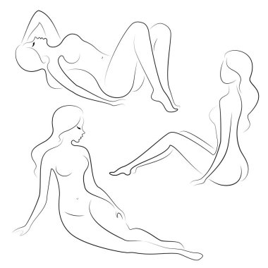 Koleksiyon. Tatlı bir bayanSiluet, o oturuyor. Kızın çok güzel bir çıplak figürü var. Bir kadın genç seksi ve ince bir modeldir. Vektör illüstrasyon seti