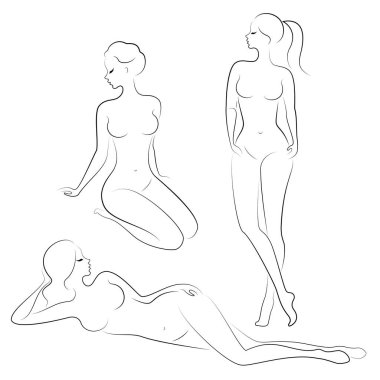 Koleksiyon. Tatlı bir bayanSiluet, o oturuyor. Kızın çok güzel bir çıplak figürü var. Bir kadın genç seksi ve ince bir modeldir. Vektör illüstrasyon seti