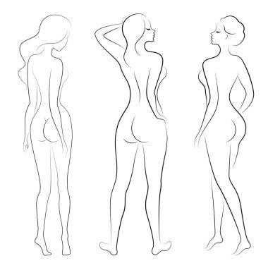 Koleksiyon. Sevimli bir bayan siluet, o duruyor ve yürüyor. Kızın çok güzel bir çıplak figürü var. Kadın - genç seksi ve ince model. Vektör çizimleri kümesi