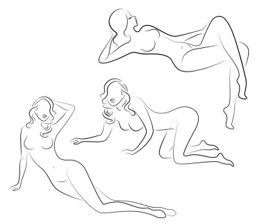 Koleksiyon. Tatlı bir bayanSiluet, o oturuyor. Kızın çok güzel bir çıplak figürü var. Bir kadın genç seksi ve ince bir modeldir. Vektör illüstrasyon seti