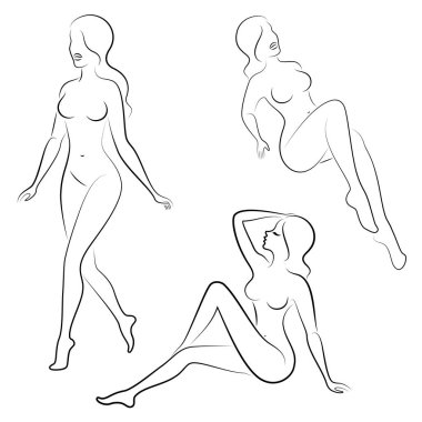 Koleksiyon. Tatlı bir bayan siluet, o oturur ve duruyor. Kızın çok güzel bir çıplak figürü var. Bir kadın genç seksi ve ince bir modeldir. Vektör çizimleri kümesi