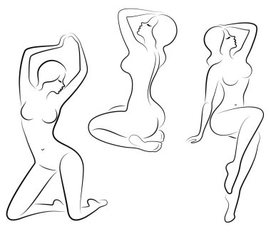 Koleksiyon. Tatlı bir bayan siluet, o oturur ve duruyor. Kızın çok güzel bir çıplak figürü var. Bir kadın genç seksi ve ince bir modeldir. Vektör çizimleri kümesi