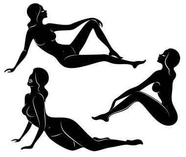 Koleksiyon. Tatlı bir bayanSiluet, o oturuyor. Kızın çok güzel bir çıplak figürü var. Bir kadın genç seksi ve ince bir modeldir. Vektör illüstrasyon seti