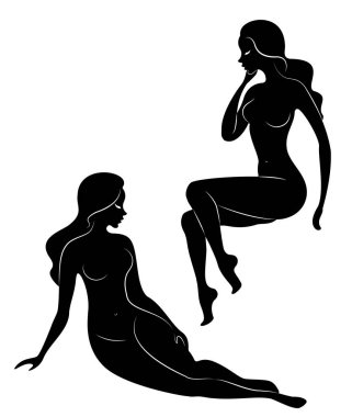 Koleksiyon. Tatlı bir bayan siluet, o oturur ve duruyor. Kızın çok güzel bir çıplak figürü var. Bir kadın genç seksi ve ince bir modeldir. Vektör çizimleri kümesi