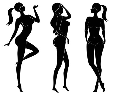 Koleksiyon. Sevimli bir bayan siluet, o duruyor ve yürüyor. Kızın çok güzel bir çıplak figürü var. Kadın - genç seksi ve ince model. Vektör çizimleri kümesi