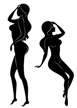 Koleksiyon. Tatlı bir bayan siluet, o oturur ve duruyor. Kızın çok güzel bir çıplak figürü var. Bir kadın genç seksi ve ince bir modeldir. Vektör çizimleri kümesi