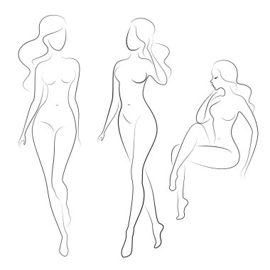Koleksiyon. Tatlı bir bayan siluet, o oturur ve duruyor. Kızın çok güzel bir çıplak figürü var. Bir kadın genç seksi ve ince bir modeldir. Vektör çizimleri kümesi