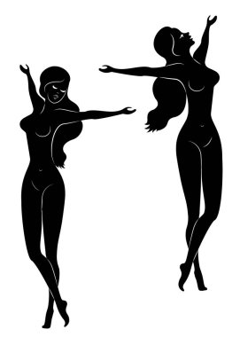 Koleksiyon. Tatlı bir bayanın silueti. Kız mutlu, ellerini kaldırdı. Kadın çıplak ve ince. Vektör illüstrasyon seti