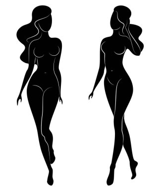 Koleksiyon. Tatlı bir bayanın silueti. Kızın çok güzel bir çıplak figürü var. Bir kadın genç seksi ve ince bir modeldir. Vektör çizimleri kümesi